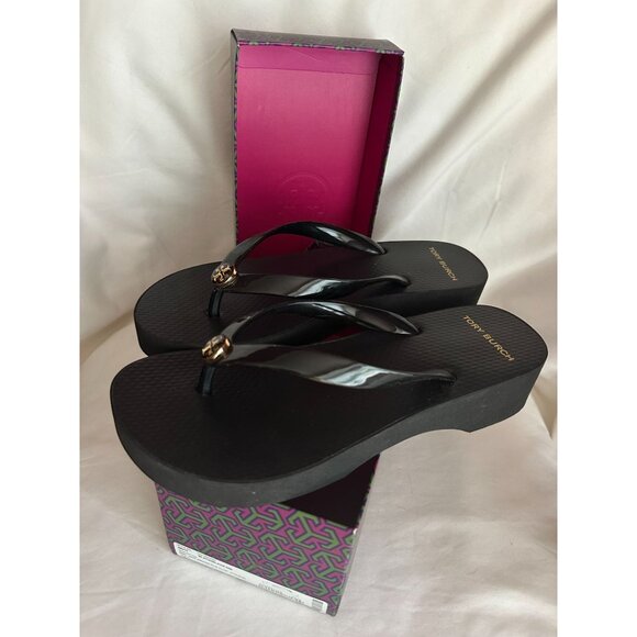Tory Burch Women's Cut-Out Wedge Flip Flops - US 7, Black Style 48211 - Picture 1 of 7